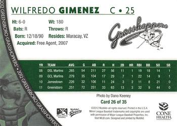 2012 MultiAd Greensboro Grasshoppers SGA #26 Wilfredo Gimenez Back