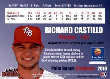 2010 Grandstand Palm Beach Cardinals #NNO Richard Castillo Back