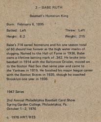 1976-77 HRT/RES 1947 Bowman #3 Babe Ruth Back