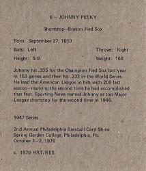 1976-77 HRT/RES 1947 Bowman #6 Johnny Pesky Back
