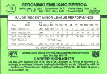 1989 Donruss The Rookies #19 Geronimo Berroa Back