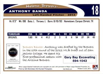 2013 Grandstand Helena Brewers #NNO Anthony Banda Back