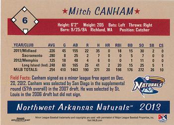 2013 Grandstand Northwest Arkansas Naturals #NNO Mitch Canham Back