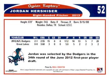2013 Grandstand Ogden Raptors #NNO Jordan Hershiser Back