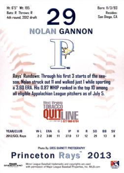 2013 Grandstand Princeton Rays #NNO Nolan Gannon Back