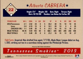 2013 Grandstand Tennessee Smokies #NNO Alberto Cabrera Back