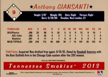 2013 Grandstand Tennessee Smokies #NNO Anthony Giansanti Back