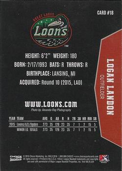 2016 Choice Great Lakes Loons #18 Logan Landon Back