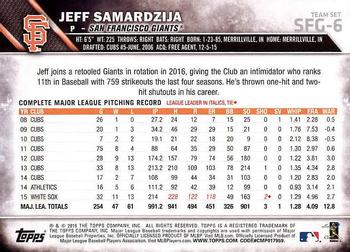 2016 Topps San Francisco Giants #SFG-6 Jeff Samardzija Back