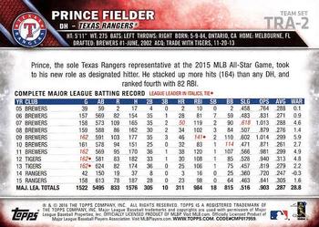 2016 Topps Texas Rangers #TRA-2 Prince Fielder Back