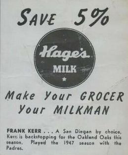 1950 Hage's Dairy #NNO Frank Kerr Back