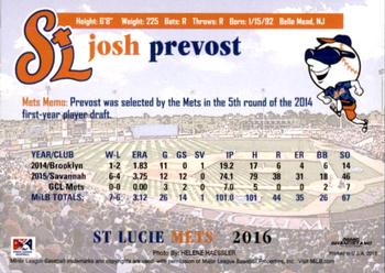 2016 Grandstand St. Lucie Mets #NNO Josh Prevost Back