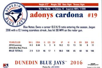 2016 Grandstand Dunedin Blue Jays #NNO Adonys Cardona Back