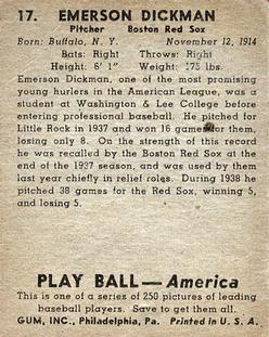 1939 Play Ball #17 Emerson Dickman Back