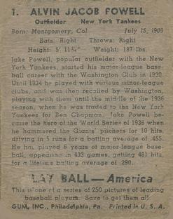 1939 Play Ball #1 Jake Powell Back