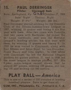 1939 Play Ball #15 Paul Derringer Back