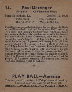 1939 Play Ball #15 Paul Derringer Back