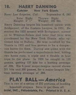 1939 Play Ball #18 Harry Danning Back