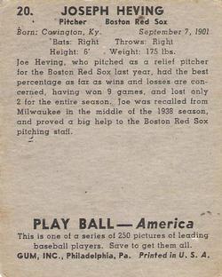 1939 Play Ball #20 Joe Heving Back
