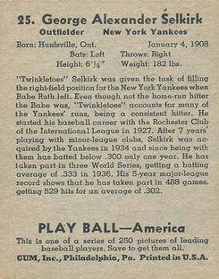 1939 Play Ball #25 George Selkirk Back