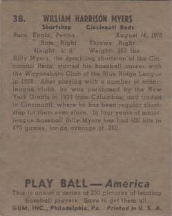 1939 Play Ball #38 Bill Myers Back