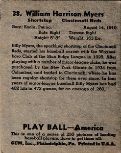 1939 Play Ball #38 Bill Myers Back