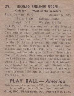 1939 Play Ball #39 Rick Ferrell Back