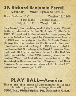1939 Play Ball #39 Rick Ferrell Back
