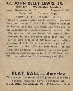 1939 Play Ball #47 Buddy Lewis Back