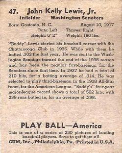 1939 Play Ball #47 Buddy Lewis Back