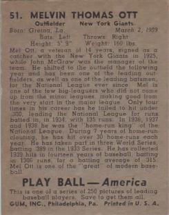 1939 Play Ball #51 Mel Ott Back