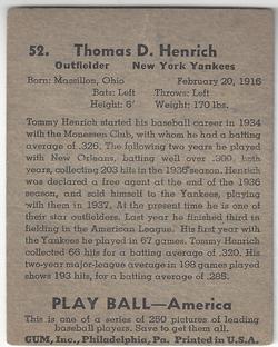 1939 Play Ball #52 Tommy Henrich Back