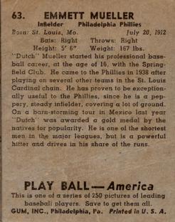 1939 Play Ball #63 Heinie Mueller Back