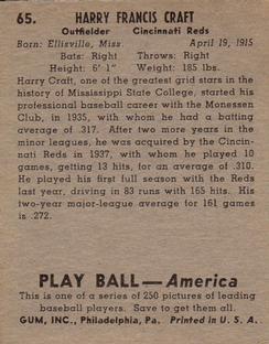 1939 Play Ball #65 Harry Craft Back