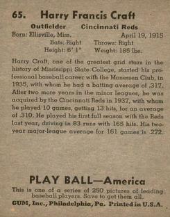 1939 Play Ball #65 Harry Craft Back