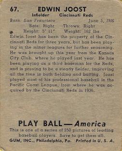 1939 Play Ball #67 Eddie Joost Back