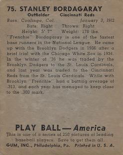 1939 Play Ball #75 Stanley Bordagaray Back