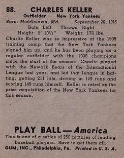 1939 Play Ball #88 Charlie Keller Back