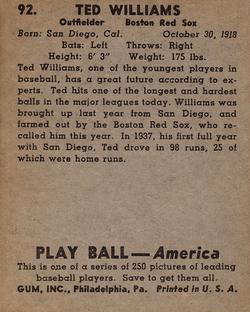 1939 Play Ball #92 Ted Williams Back