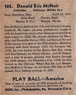 1939 Play Ball #105 Eric McNair Back