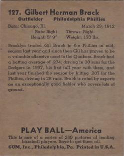 1939 Play Ball #127 Gilbert Brack Back