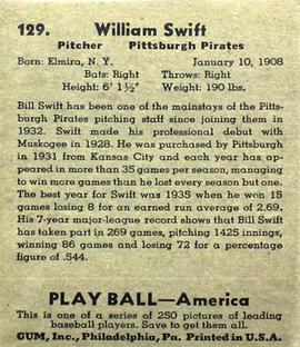 1939 Play Ball #129 Bill Swift Back