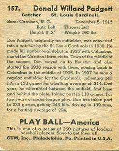 1939 Play Ball #157 Don Padgett Back