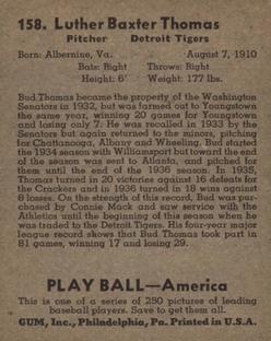 1939 Play Ball #158 Bud Thomas Back