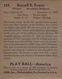 1939 Play Ball #159 Russell Evans Back