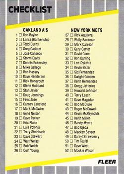 1989 Fleer #654 Checklist: A's / Mets / Dodgers / Red Sox Front