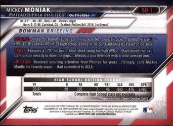 2016 Bowman Draft #BD-1 Mickey Moniak Back