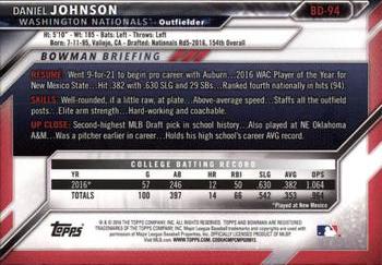 2016 Bowman Draft #BD-94 Daniel Johnson Back