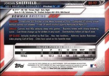 2016 Bowman Draft #BD-97 Jordan Sheffield Back