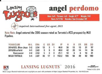 2016 Grandstand Lansing Lugnuts #NNO Angel Perdomo Back